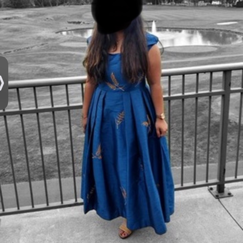 eShakti Blue Maxi Dress with Gold Accents
